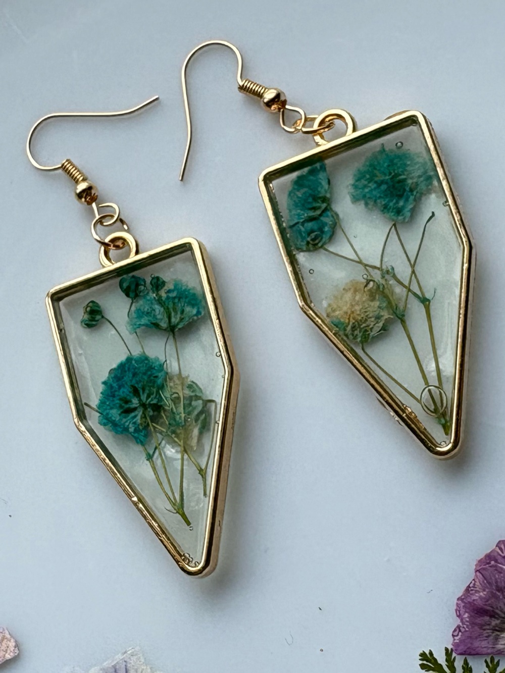 Gold Frame Teal Floral Resin Drop Earrings